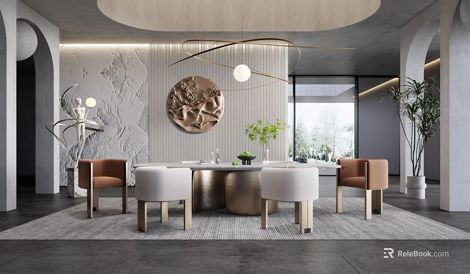 Elegant Modern Restaurant Interior With Round Table White Brown Chairs Decorative Painting And Pendant Light 3d model 