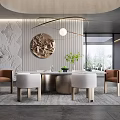 Elegant Modern Restaurant Interior With Round Table White Brown Chairs Decorative Painting And Pendant Light