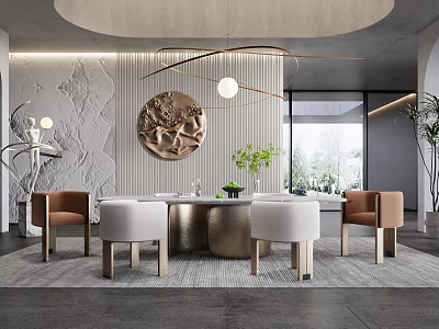 Elegant Modern Restaurant Interior With Round Table White Brown Chairs Decorative Painting And Pendant Light 3d model