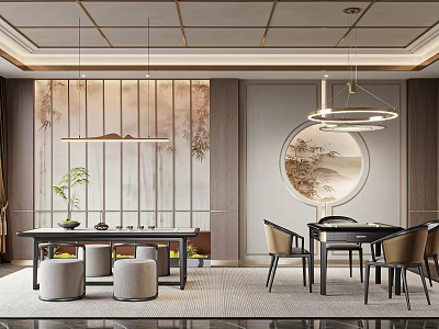 Traditional Chinese Style Hotel Chess Room With Round Table And Hanging Lamps 3d model