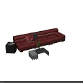 Red Leather Multi Seater Sofa with Black Side Table Pendant Light and Plaid Cushions