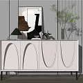 Modern White Entryway Cabinet With Arched Doors Mirror Plant Vase And Books