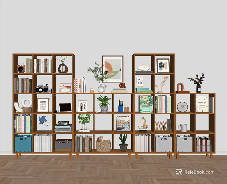 Stylish Wooden Bookcase with Multiple Shelves Books Decorations Plants and Photo Frames 3d model 