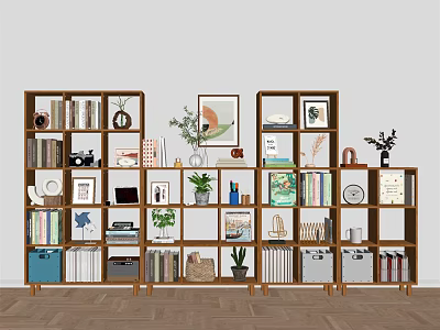 Stylish Wooden Bookcase with Multiple Shelves Books Decorations Plants and Photo Frames 3d model