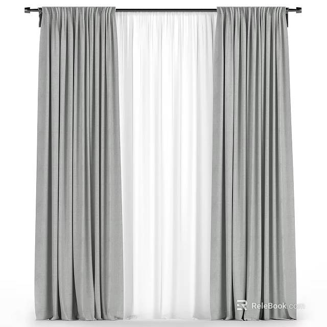 Grey And White Double Layer Window Curtains With Sheer Inner Pleated Design 3d model