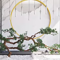 White Marble Feature Wall With Golden Circular Frame And Pine Tree Branches 3d model