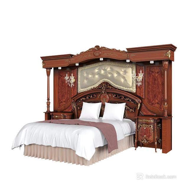 Ornate Wooden Double Bed With Carved Headboard Decorative Panel White Bedding And Nightstands 3d model 