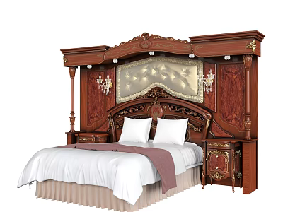 Ornate Wooden Double Bed With Carved Headboard Decorative Panel White Bedding And Nightstands 3d model