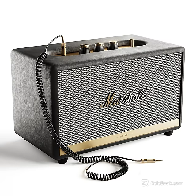 Marshall Retro Style Black and Gold Speaker with Control Knobs and Coiled Cable 3d model 