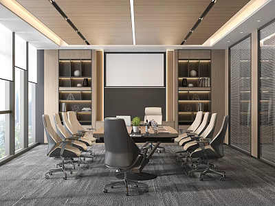 Modern Conference Room Interior Design With Large Conference Table Projector Screen Leather Chairs And Bookshelves 3d model
