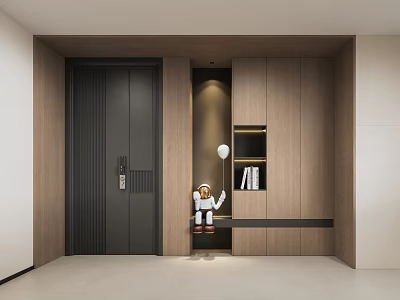 Modern Entryway Interior With Black Door Wooden Cabinets And Decorative Lighting 3d model