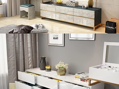 Modern White Dressing Table with Open Drawers Vase Books and Cosmetic Organizer 3d model