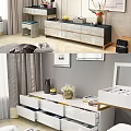 Modern White Dressing Table with Open Drawers Vase Books and Cosmetic Organizer