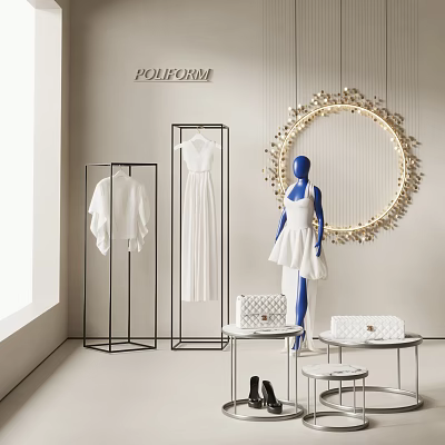White Clothes On Display Racks With Blue Mannequin And Round Decor In Showroom 3d model