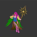 Fantasy Female Character In Green Cape With Glowing Star Staff And Golden Outfit