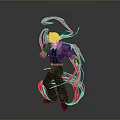 Man With Blue Hair Blue Shirt And Dark Pants Surrounded By Red Energy Action Effects