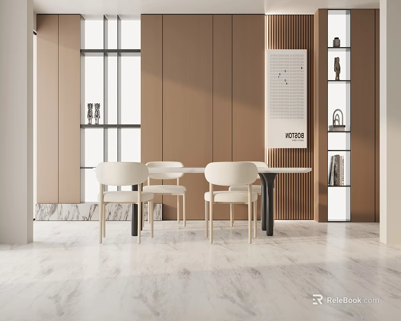 Modern Dining Table Set with White Table Beige Chairs and Wooden Wall in Bright Space 3d model 