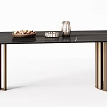 Modern Dining Table With Black Marble Top And Brass Metal Legs And Decorative Bowls