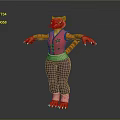 3D Tiger Character in Red Vest Purple Pants Standing with Arms Outstretched on Gray Background