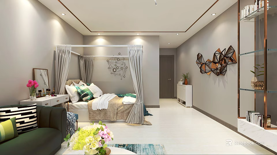 Modern Apartment Bedroom With Canopy Bed Green Pillows Decorative Wall Art And Sofa 3d model 