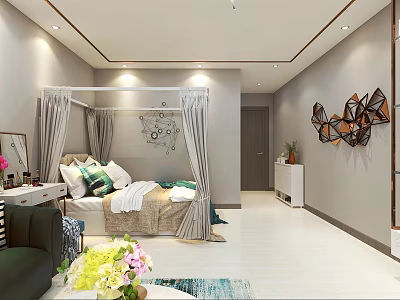 Modern Apartment Bedroom With Canopy Bed Green Pillows Decorative Wall Art And Sofa 3d model