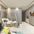 Modern Apartment Bedroom With Canopy Bed Green Pillows Decorative Wall Art And Sofa