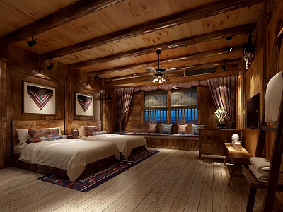 Hotel Guest Room With Wooden Interior Double Beds Decorative Paintings And Ceiling Fan Light 3d model