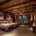 Hotel Guest Room With Wooden Interior Double Beds Decorative Paintings And Ceiling Fan Light