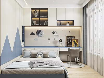 Kids Room Interior Design With Bed Desk Space Themed Wall Decor And Shelves 3d model