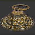 Ancient Decorative Artifact with Golden Circular Handle and Intricate Base Patterns 3d model