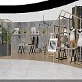 Modern Clothing Store Interior With Wooden Display Racks Green Foliage Stylish Apparel And Mannequins