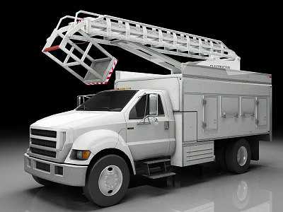 White Aerial Work Truck With Extended Ladder And Storage Cabinets 3d model