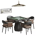 Mahjong Room Interior With Mahjong Table Four Chairs Ceiling Light and Calligraphy Wall Art