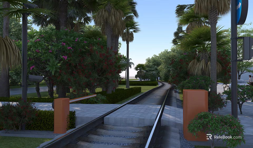 Railway Track And Stone Paved Road With Palm Trees Red Flowers Orange Pillars And Shrubs 3d model 