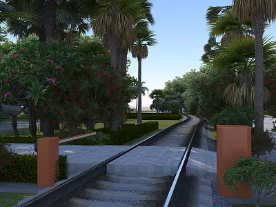 Railway Track And Stone Paved Road With Palm Trees Red Flowers Orange Pillars And Shrubs 3d model