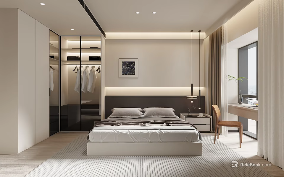 Modern Bedroom Interior Design With Large Bed Wardrobe Decorative Painting Hanging Lamps And Desk Chair 3d model 