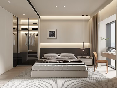 Modern Bedroom Interior Design With Large Bed Wardrobe Decorative Painting Hanging Lamps And Desk Chair 3d model