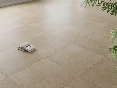 Light Beige Floor Tiles With Natural Texture Neatly Laid And Open Book Green Plant Leaves 3d model