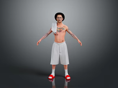 Tattooed Man with Hat Towel on Shoulder Wearing Gray Shorts and Red Shoes 3d model