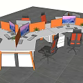 Modern Office Workstations With White Desktops Orange Partitions Computers And Plants 3d model