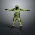 Man Wearing Green Protective Suit With Helmet And Gear Arms Outstretched