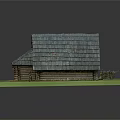 Rustic Log Cabin With Gabled Tiled Roof And Lush Green Grass Surroundings