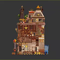 Cartoon Style Multi Level Castle Scene With Towers Palm Tree And Colorful Brick Details