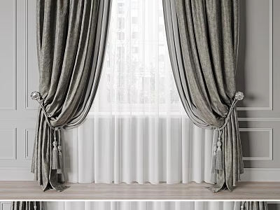 Gray Velvet Curtains With White Sheer Panels And Silver Tiebacks By Window 3d model