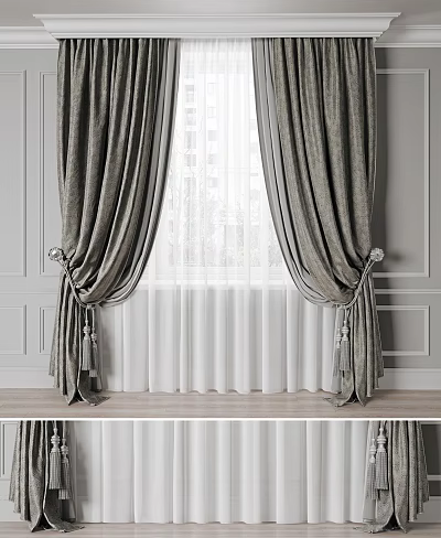 Gray Velvet Curtains With White Sheer Panels And Silver Tiebacks By Window 3d model