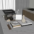 Modern Kitchen Countertop With Decorative Vase Books Coffee Machine And Tableware 3d model