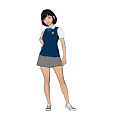 Woman in Blue Vest White Shirt Gray Pleated Skirt and White Shoes Against Black Background