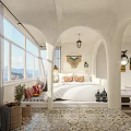 Hotel Guest Room Featuring White Curtains Woven Lampshade White Pillows Colorful Cushions And Woven Decor