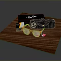 Ray Ban Orange Sunglasses With Black Case And Red Tag On Wooden Surface 3d model