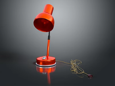 Red Table Lamp with Curved Lampshade Metal Base and Hanging Power Cord 3d model